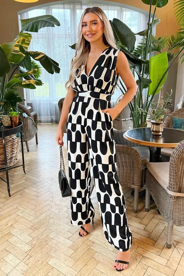 AX Paris Black And Cream Abstract Print Jumpsuit Women Jumpsuits And Playsuits