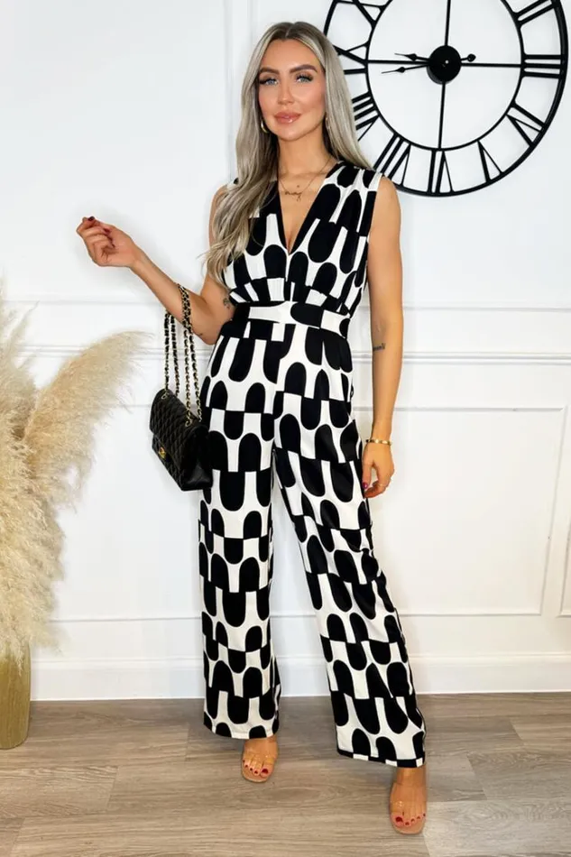 AX Paris Black And Cream Abstract Print Jumpsuit Women Jumpsuits And Playsuits