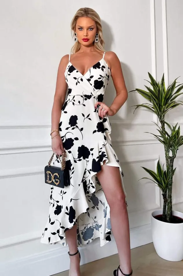 AX Paris Black And Cream Floral Print Frill Hem Midi Dress Women Dresses