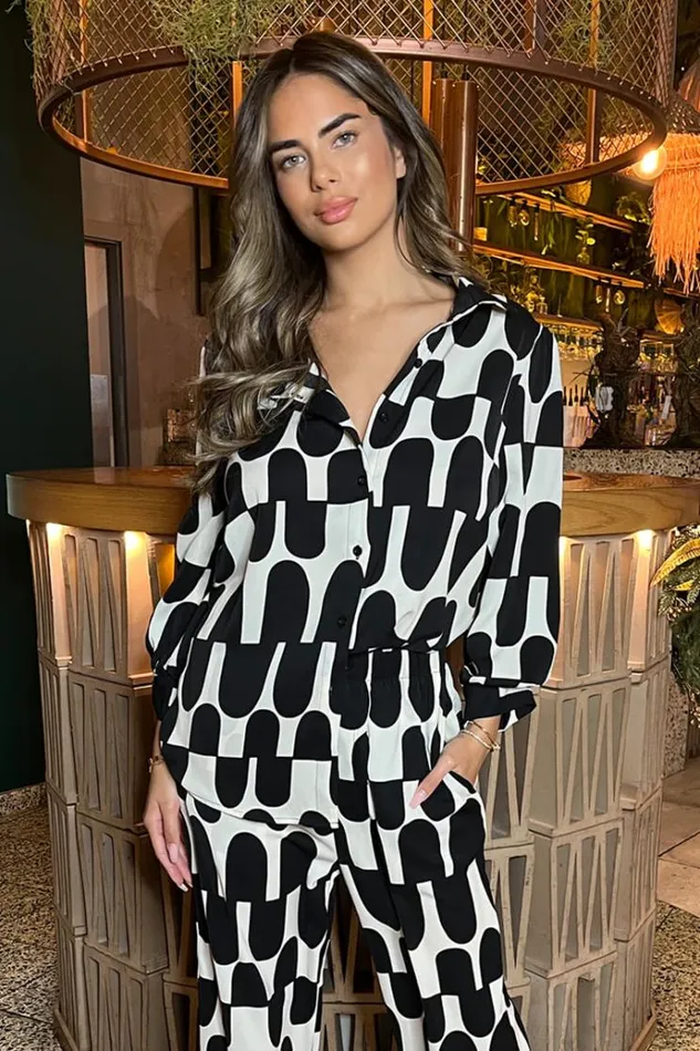 AX Paris Black And Cream Geometric Print 34 Sleeve Shirt Women Coords