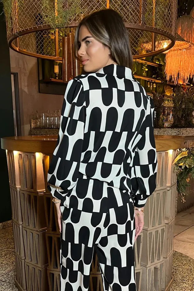 AX Paris Black And Cream Geometric Print 34 Sleeve Shirt Women Coords