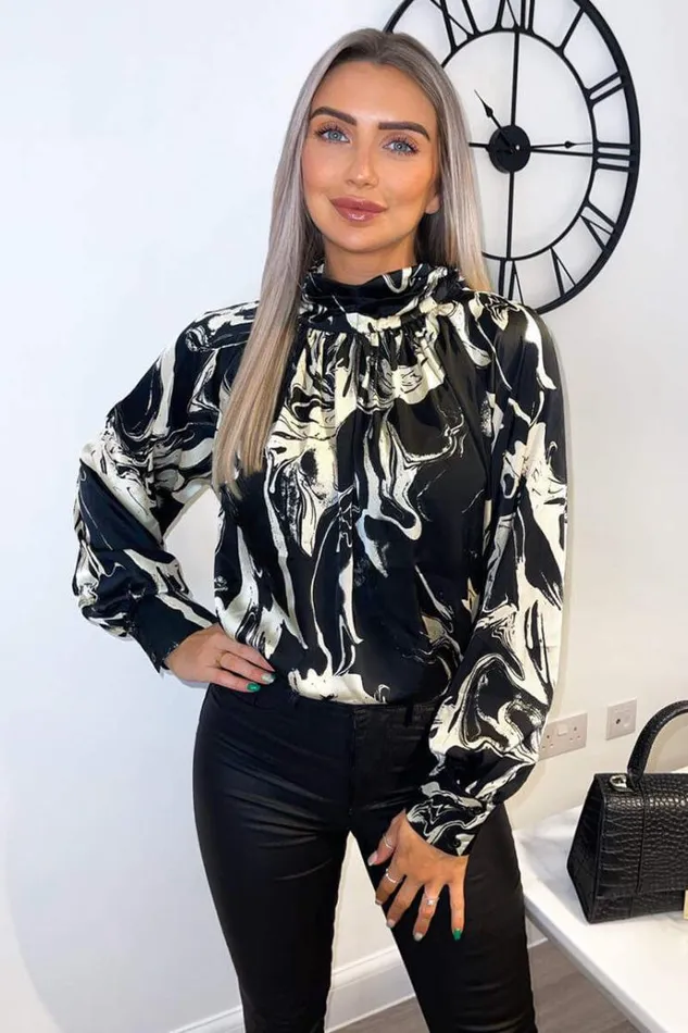 AX Paris Black And Cream Marble Print Long Sleeve Top Women Tops