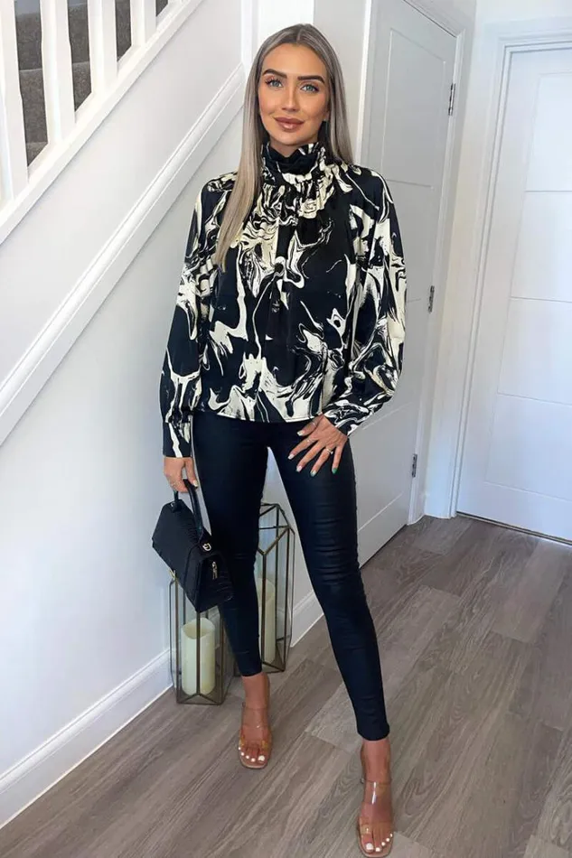 AX Paris Black And Cream Marble Print Long Sleeve Top Women Tops