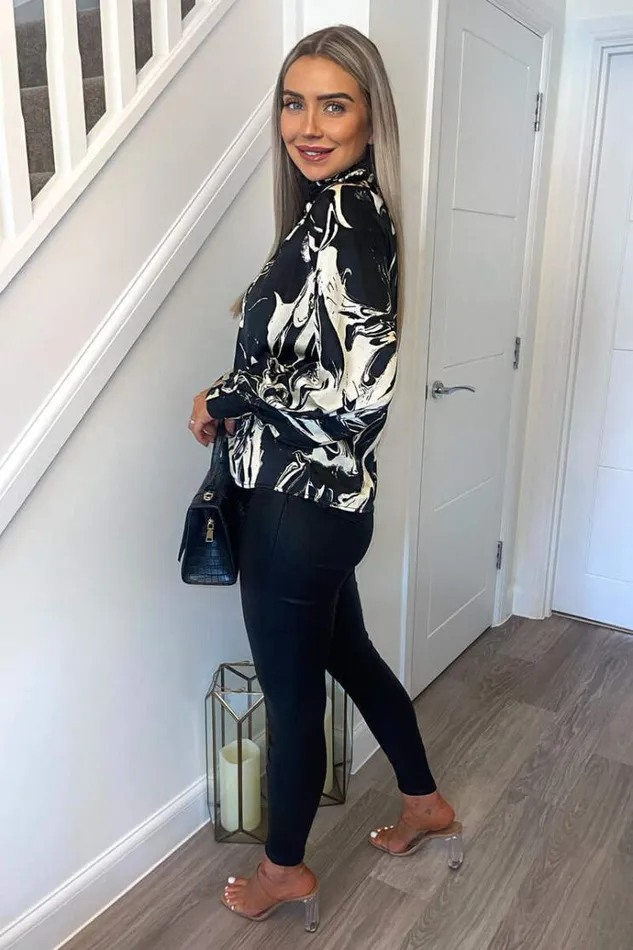 AX Paris Black And Cream Marble Print Long Sleeve Top Women Tops