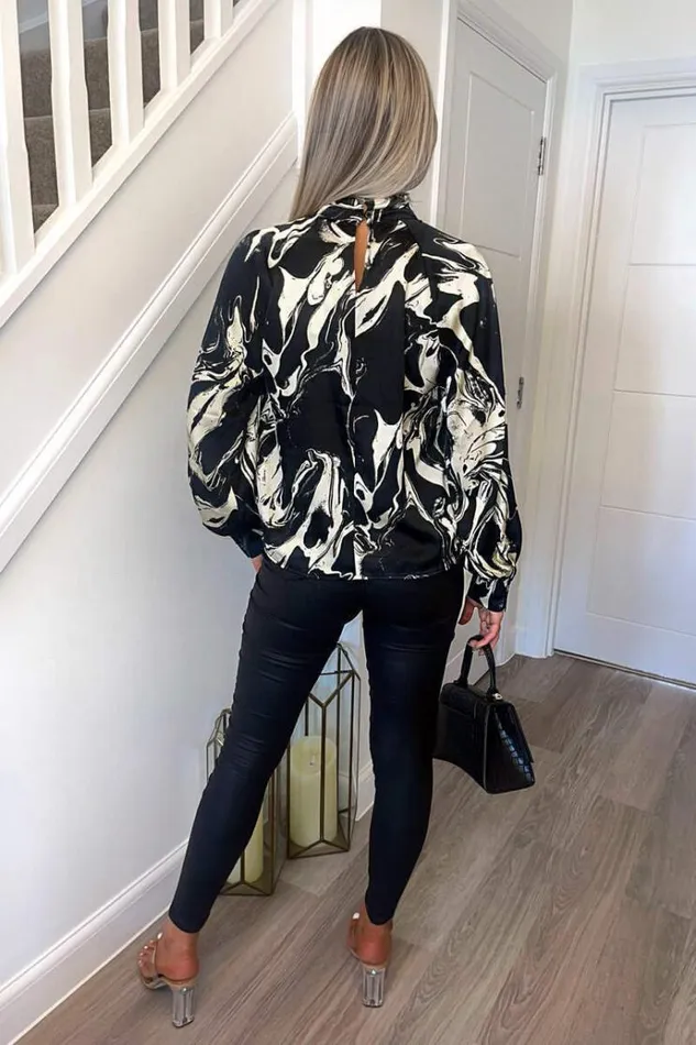 AX Paris Black And Cream Marble Print Long Sleeve Top Women Tops