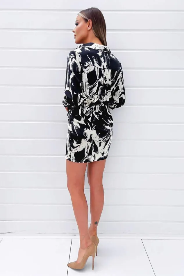 AX Paris Black And Cream Marble Print Wrap Shirt Mini Dress Women Dresses