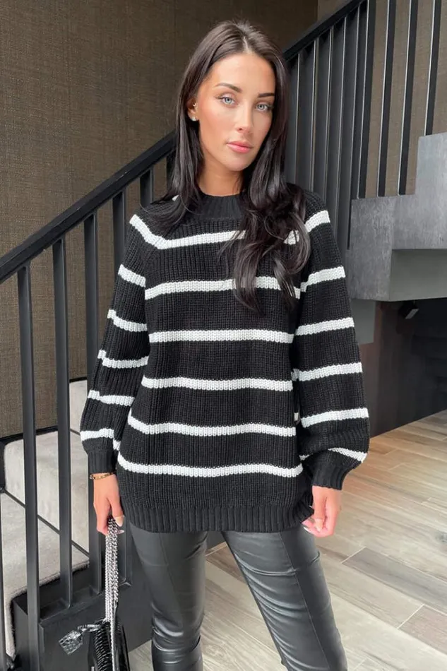 AX Paris Black And Cream Oversized Stripe Knit Jumper Women Knitwear