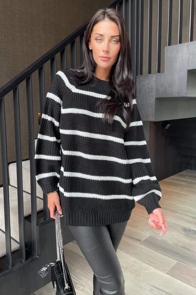 AX Paris Black And Cream Oversized Stripe Knit Jumper Women Knitwear