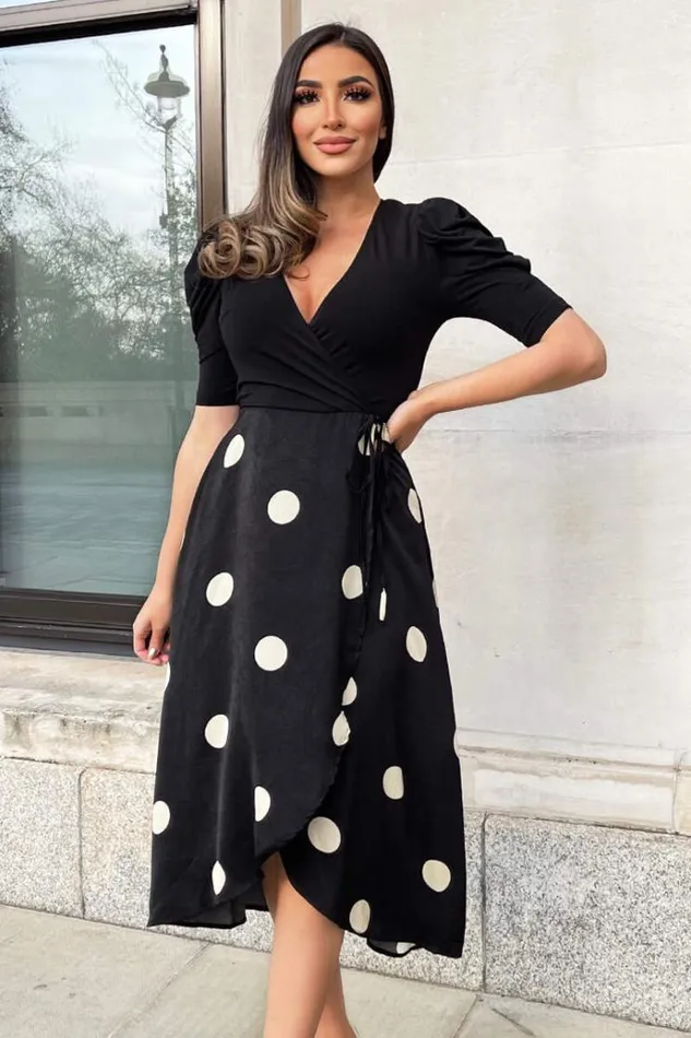AX Paris Black And Cream Polka Dot 2 In 1 Wrap Over Midi Dress Women Dresses