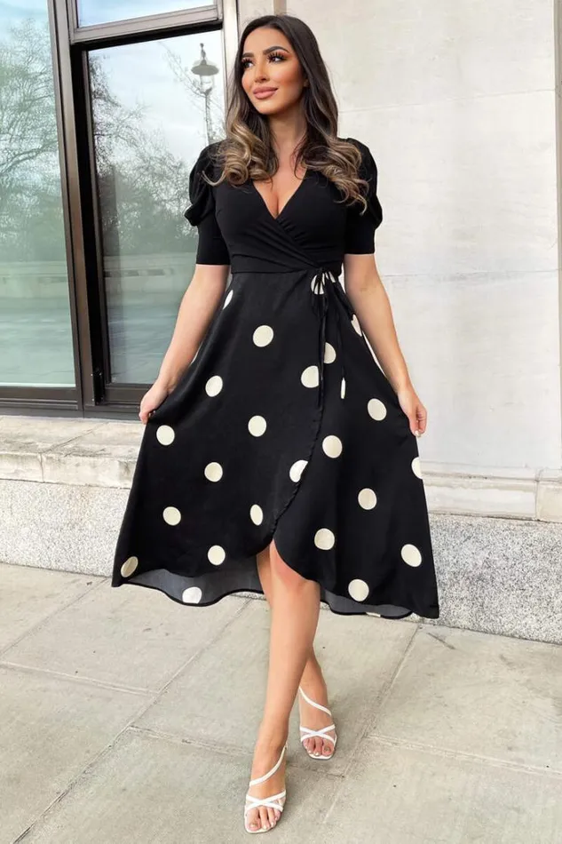 AX Paris Black And Cream Polka Dot 2 In 1 Wrap Over Midi Dress Women Dresses