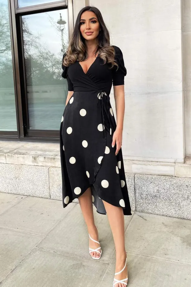 AX Paris Black And Cream Polka Dot 2 In 1 Wrap Over Midi Dress Women Dresses