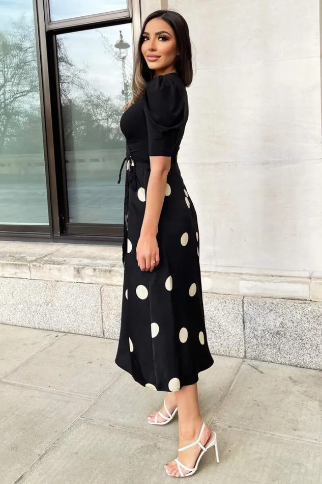 AX Paris Black And Cream Polka Dot 2 In 1 Wrap Over Midi Dress Women Dresses