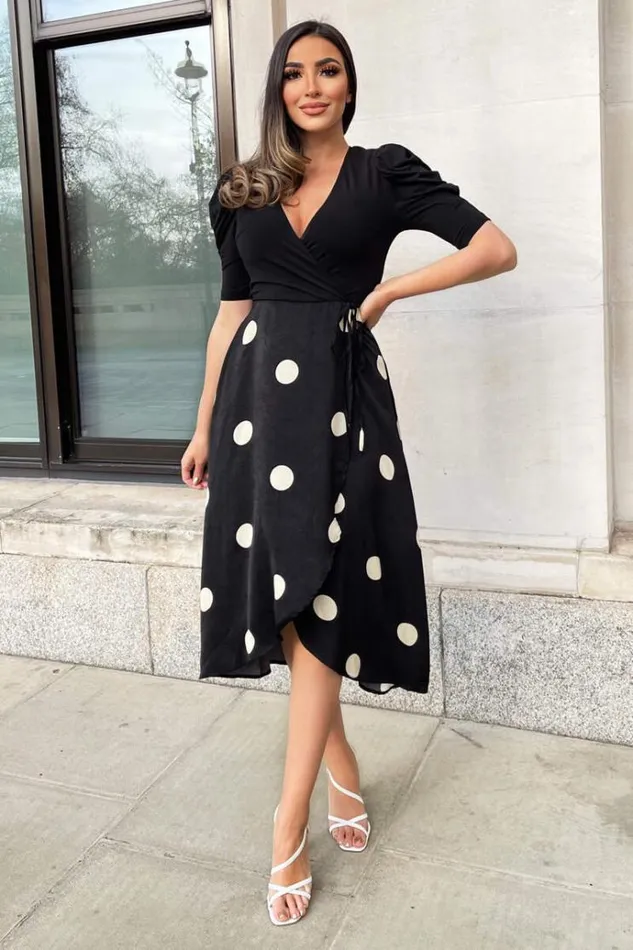 AX Paris Black And Cream Polka Dot 2 In 1 Wrap Over Midi Dress Women Dresses