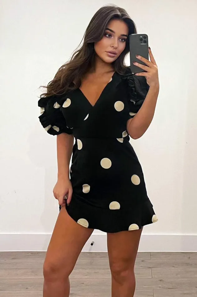 AX Paris Black And Cream Polka Dot Pleated Sleeve Skater Dress Women Dresses