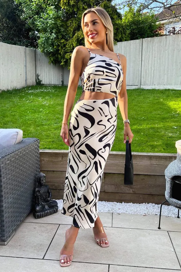 AX Paris Black And Cream Printed Asymmetric Cut Out Midi Dress Women Dresses