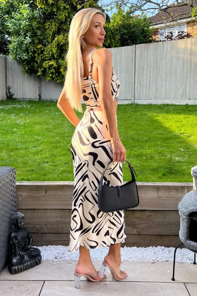 AX Paris Black And Cream Printed Asymmetric Cut Out Midi Dress Women Dresses