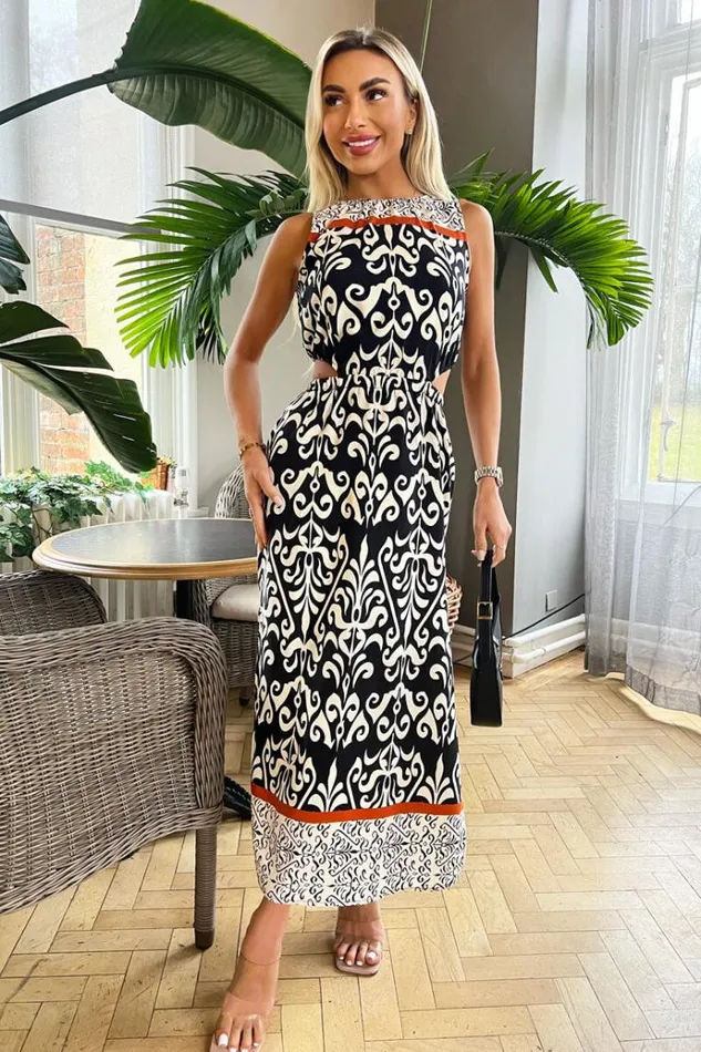 AX Paris Black And Cream Printed Cut Out Waist Midi Dress Women Dresses