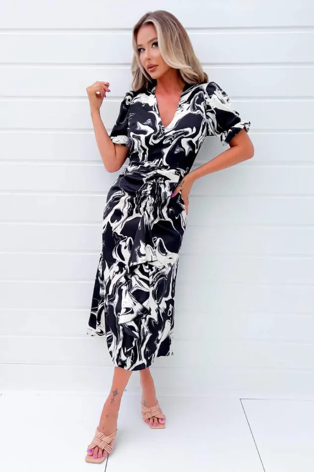 AX Paris Black And Cream Printed Frill Front Midi Dress Women Dresses