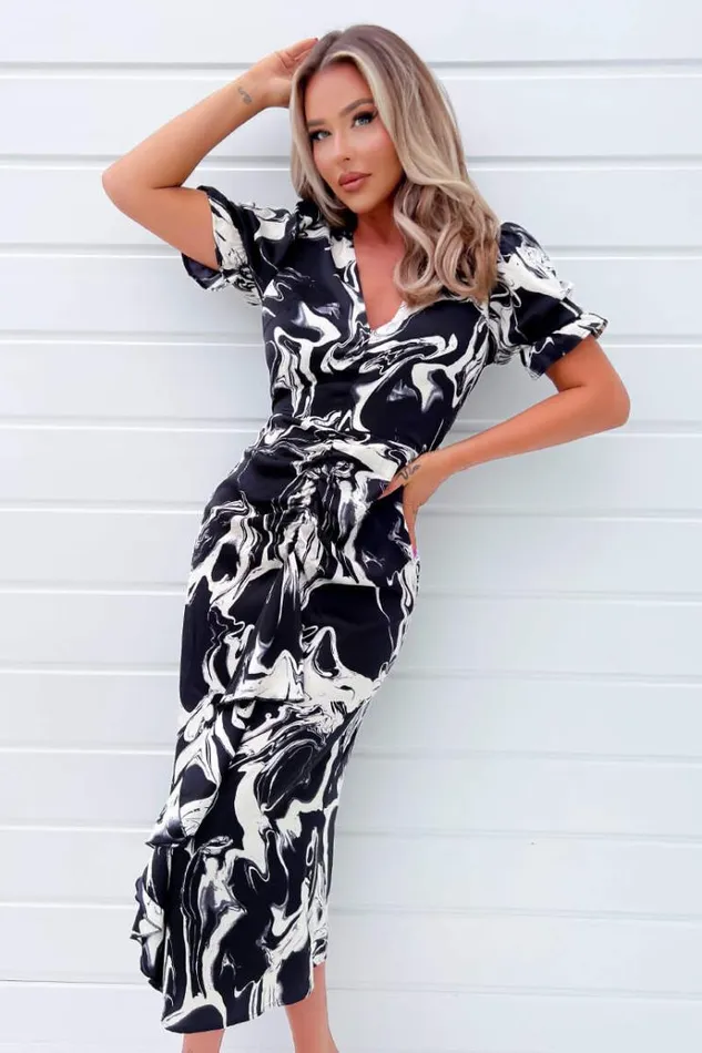 AX Paris Black And Cream Printed Frill Front Midi Dress Women Dresses