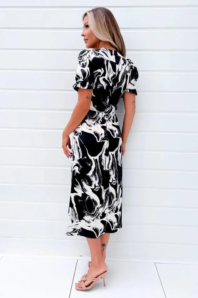 AX Paris Black And Cream Printed Frill Front Midi Dress Women Dresses