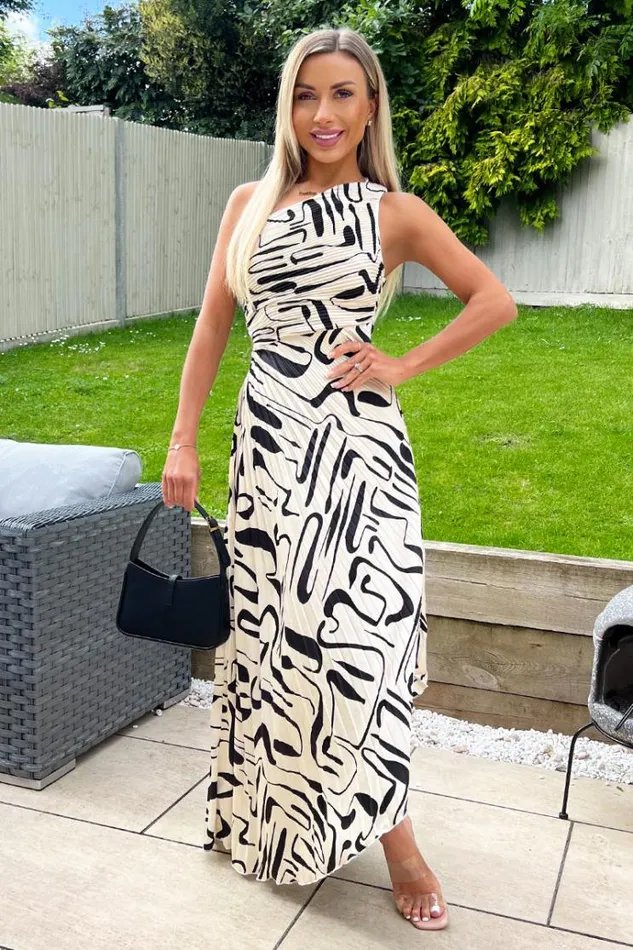 AX Paris Black And Cream Printed One Shoulder Pleated Satin Midi Dress Women Dresses AX Paris Black And Cream Printed One Shoulder Pleated Satin Midi Dress Women Dresses