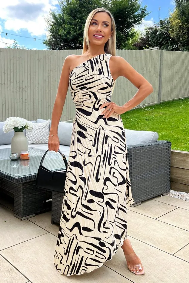 AX Paris Black And Cream Printed One Shoulder Pleated Satin Midi Dress Women Dresses