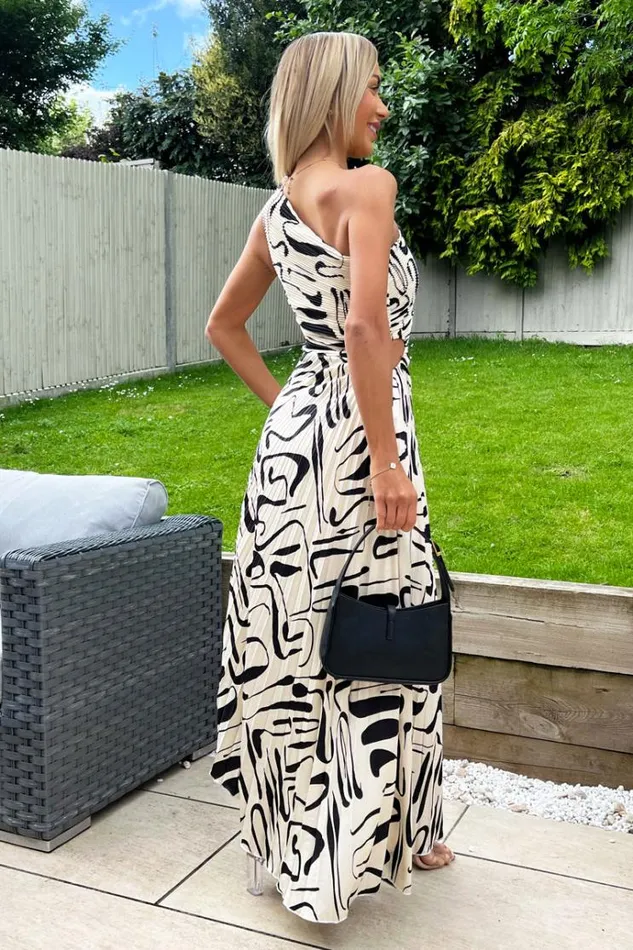 AX Paris Black And Cream Printed One Shoulder Pleated Satin Midi Dress Women Dresses