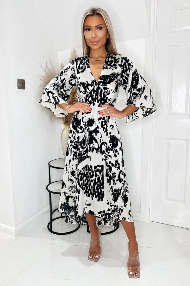 AX Paris Black And Cream Printed V Neck Bell Sleeve Midi Dress Women Dresses