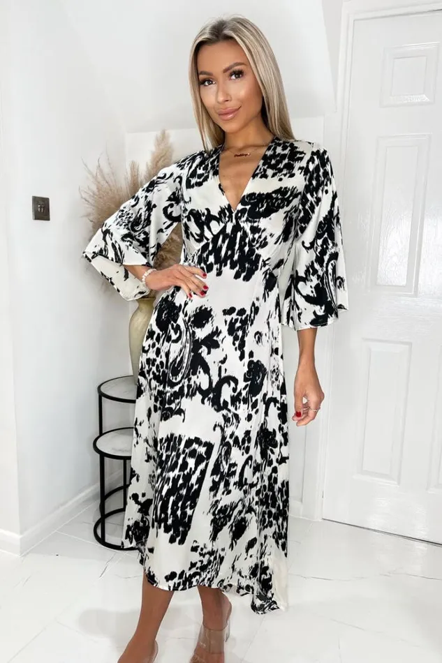 AX Paris Black And Cream Printed V Neck Bell Sleeve Midi Dress Women Dresses