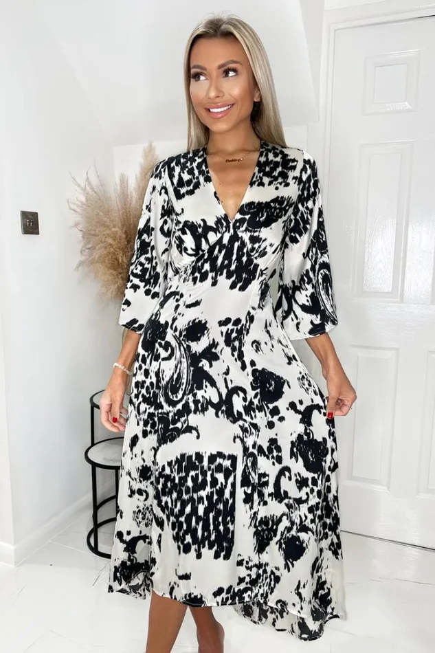 AX Paris Black And Cream Printed V Neck Bell Sleeve Midi Dress Women Dresses