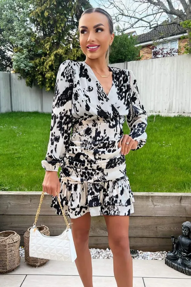 AX Paris Black And Cream Printed Wrap Top Ruched Mini Dress Women Dresses