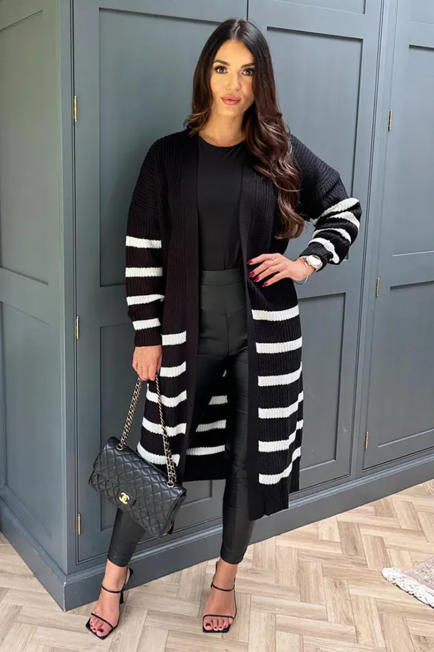 AX Paris Black And Cream Stripe Knit Long Cardigan Women Knitwear