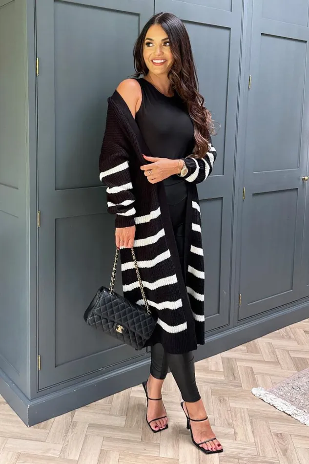 AX Paris Black And Cream Stripe Knit Long Cardigan Women Knitwear