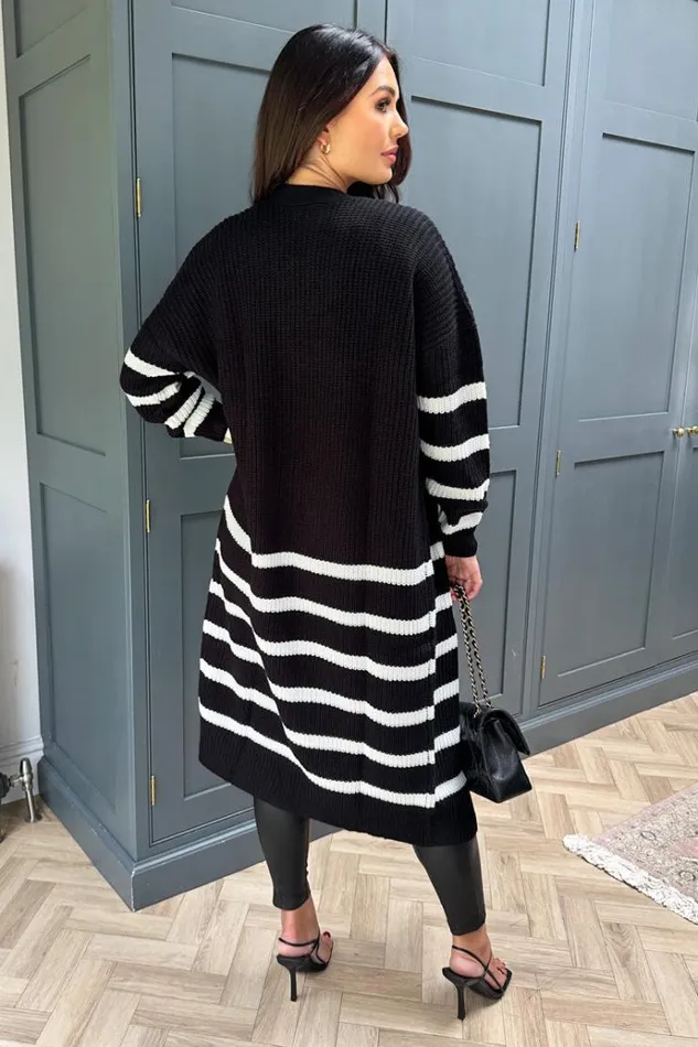 AX Paris Black And Cream Stripe Knit Long Cardigan Women Knitwear