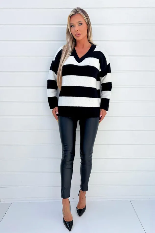 AX Paris Black And Cream Stripe VNeck Knitted Jumper Women Tops