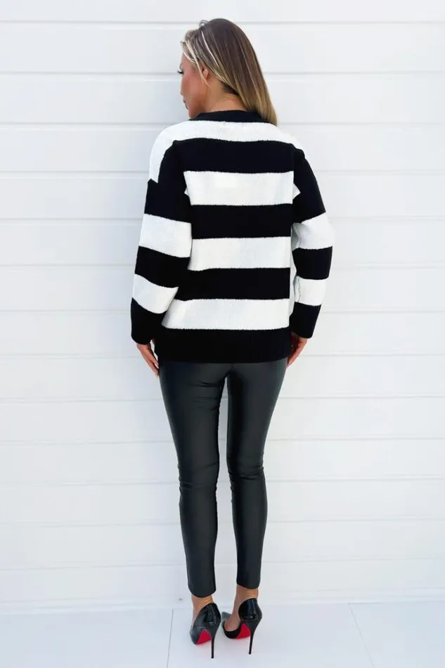AX Paris Black And Cream Stripe VNeck Knitted Jumper Women Tops
