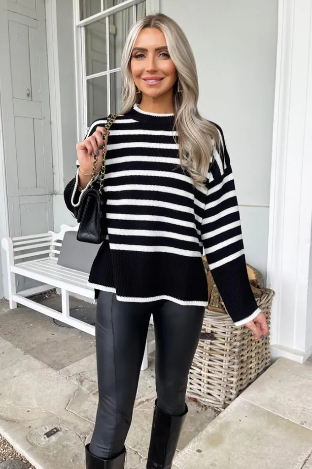 AX Paris Black And Cream Striped Block Hem Jumper Women Knitwear