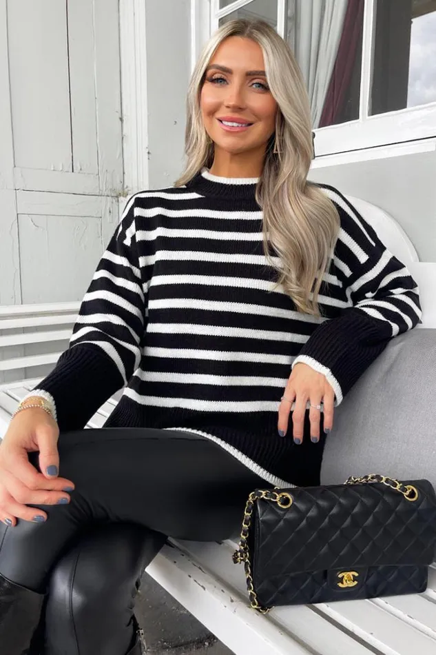 AX Paris Black And Cream Striped Block Hem Jumper Women Knitwear