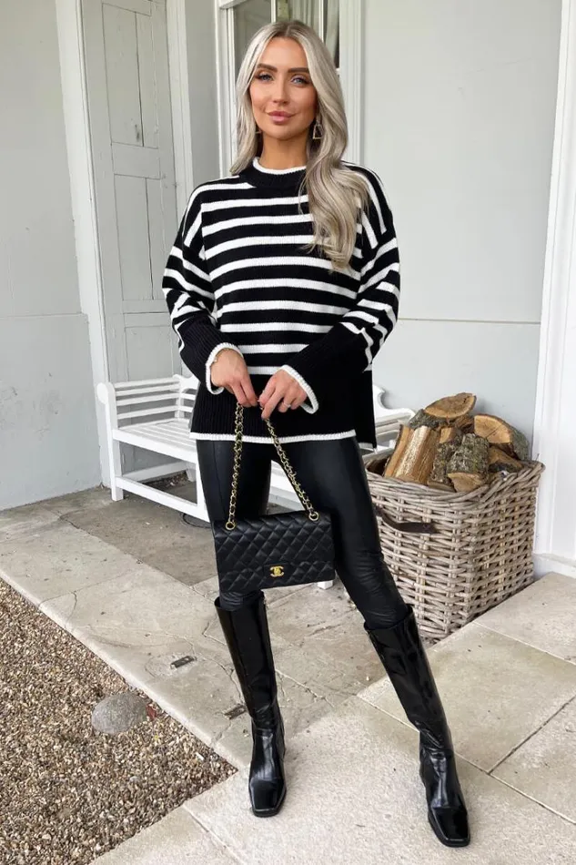 AX Paris Black And Cream Striped Block Hem Jumper Women Knitwear