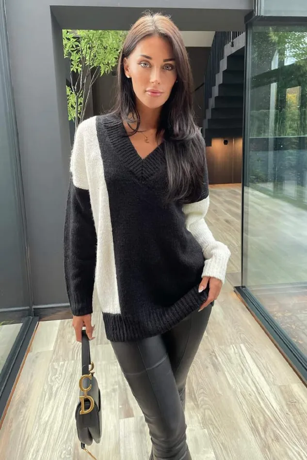 AX Paris Black And Cream Two Tone VNeck Knit Jumper Women Knitwear