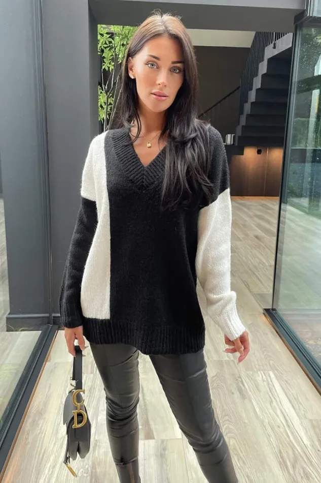 AX Paris Black And Cream Two Tone VNeck Knit Jumper Women Knitwear