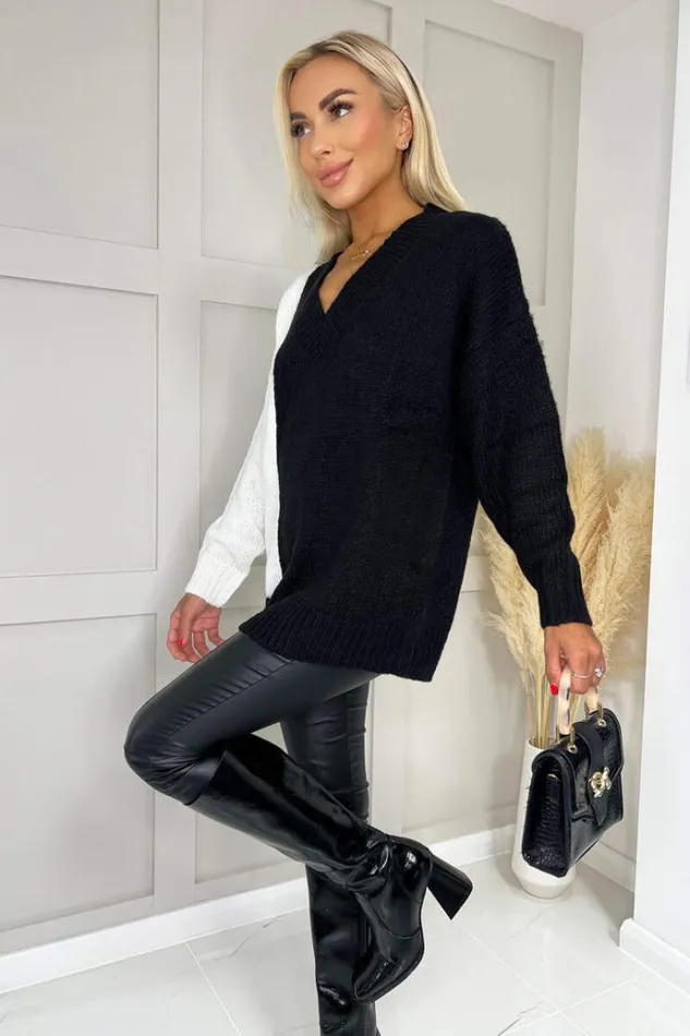 AX Paris Black And Cream Two Tone VNeck Knit Jumper Women Knitwear