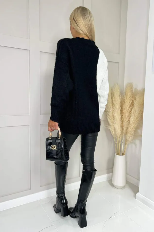 AX Paris Black And Cream Two Tone VNeck Knit Jumper Women Knitwear