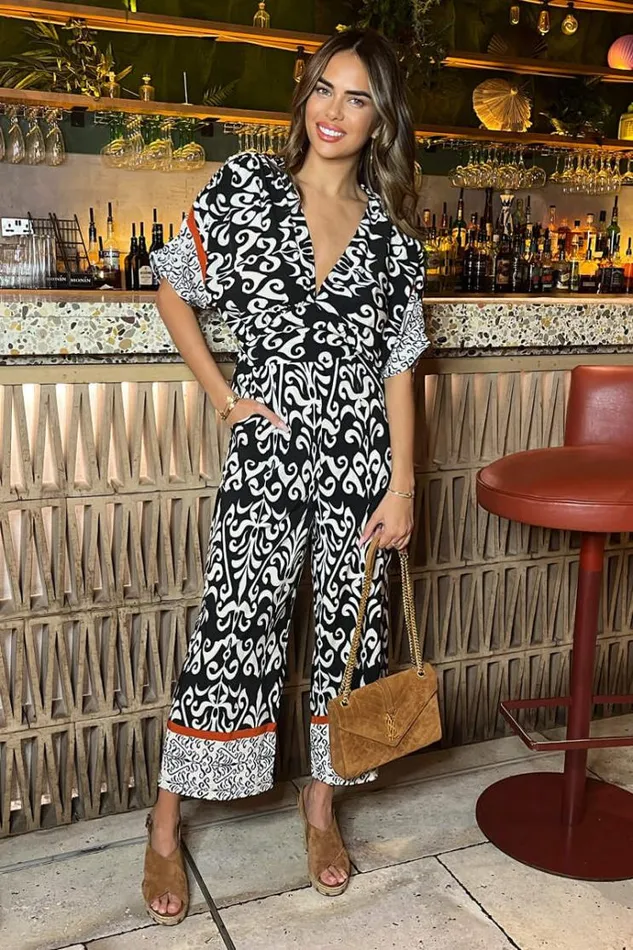 AX Paris Black And Cream VNeck Jumpsuit Women Jumpsuits And Playsuits