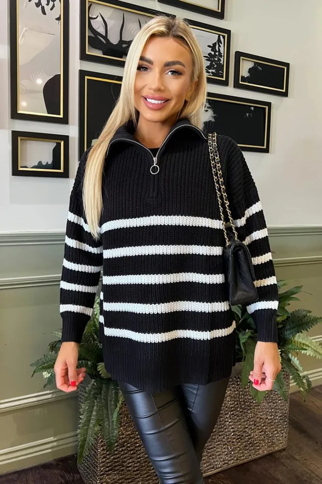 AX Paris Black And Cream Zip Front Striped Knitted Jumper Women Knitwear