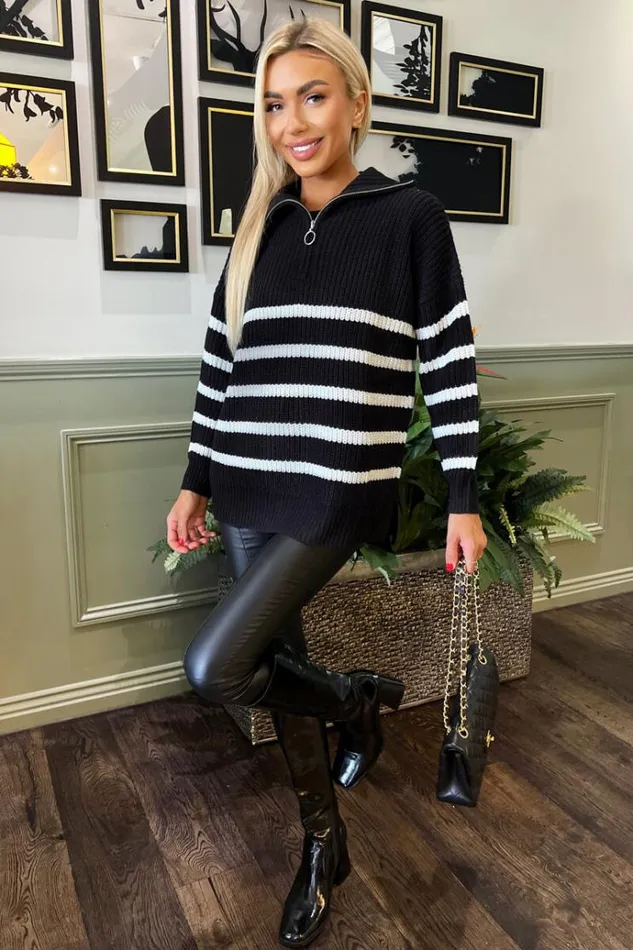 AX Paris Black And Cream Zip Front Striped Knitted Jumper Women Knitwear