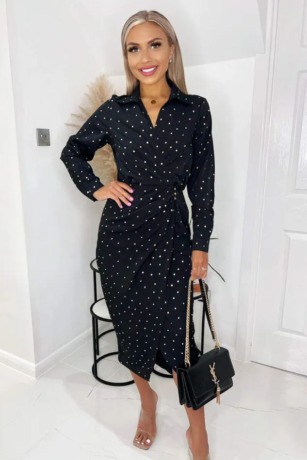AX Paris Black And Gold Polka Dot Gathered Midi Dress Women Dresses
