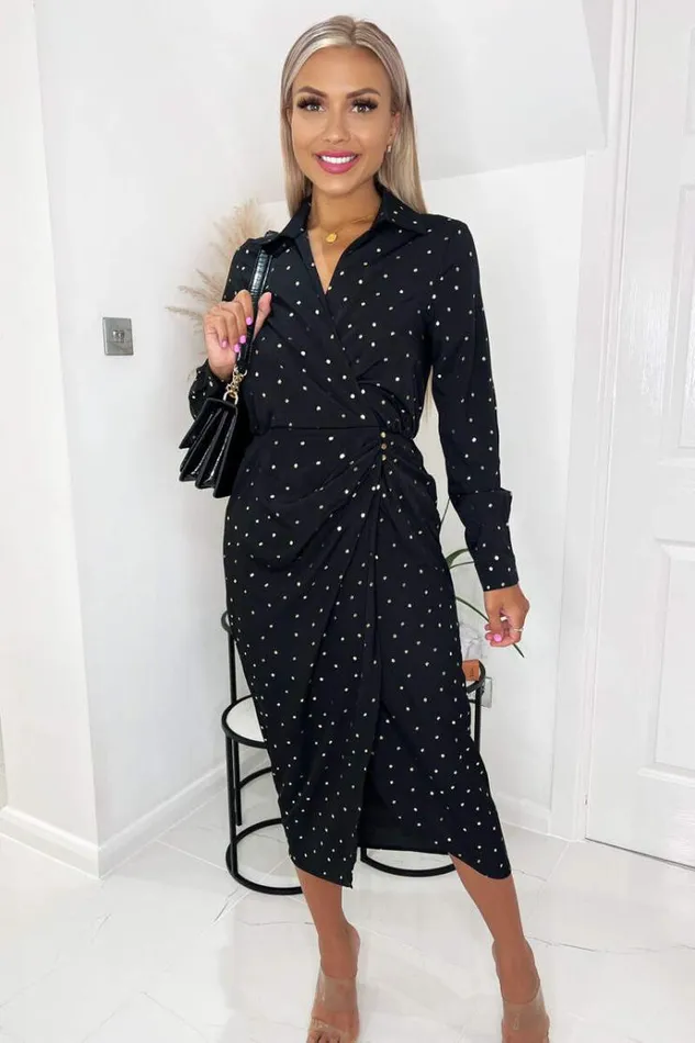 AX Paris Black And Gold Polka Dot Gathered Midi Dress Women Dresses