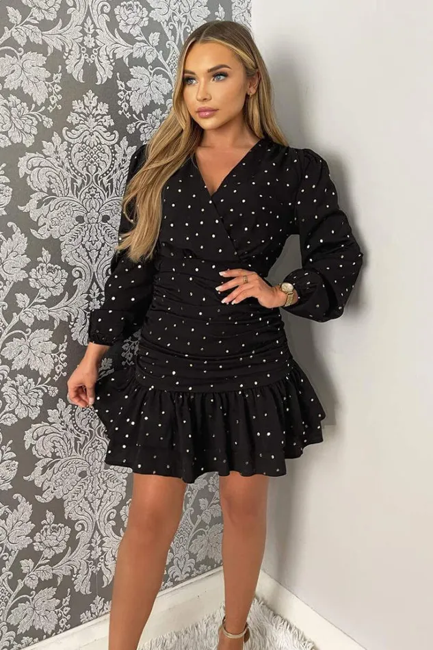 AX Paris Black And Gold Polka Dot Long Sleeve Frill Hem Mini Dress Women Dresses AX Paris Black And Gold Polka Dot Long Sleeve Frill Hem Mini Dress Women Dresses