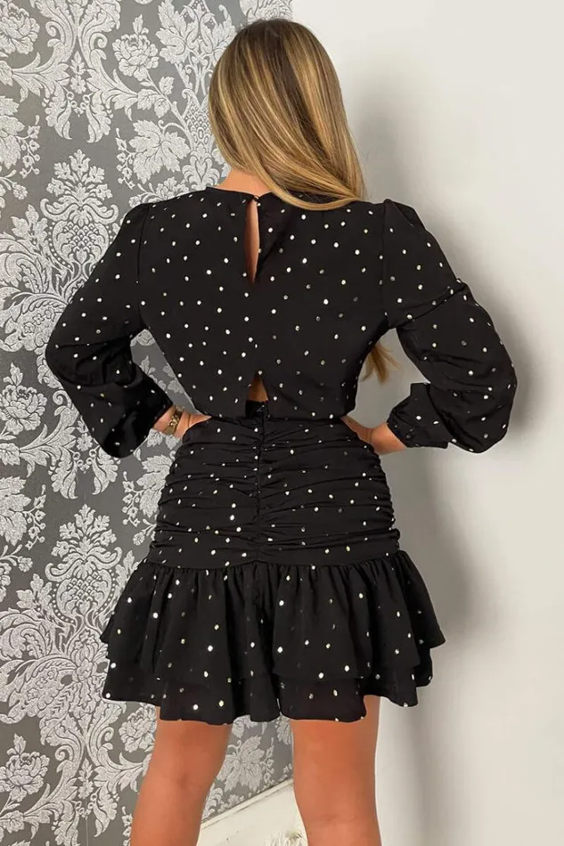 AX Paris Black And Gold Polka Dot Long Sleeve Frill Hem Mini Dress Women Dresses